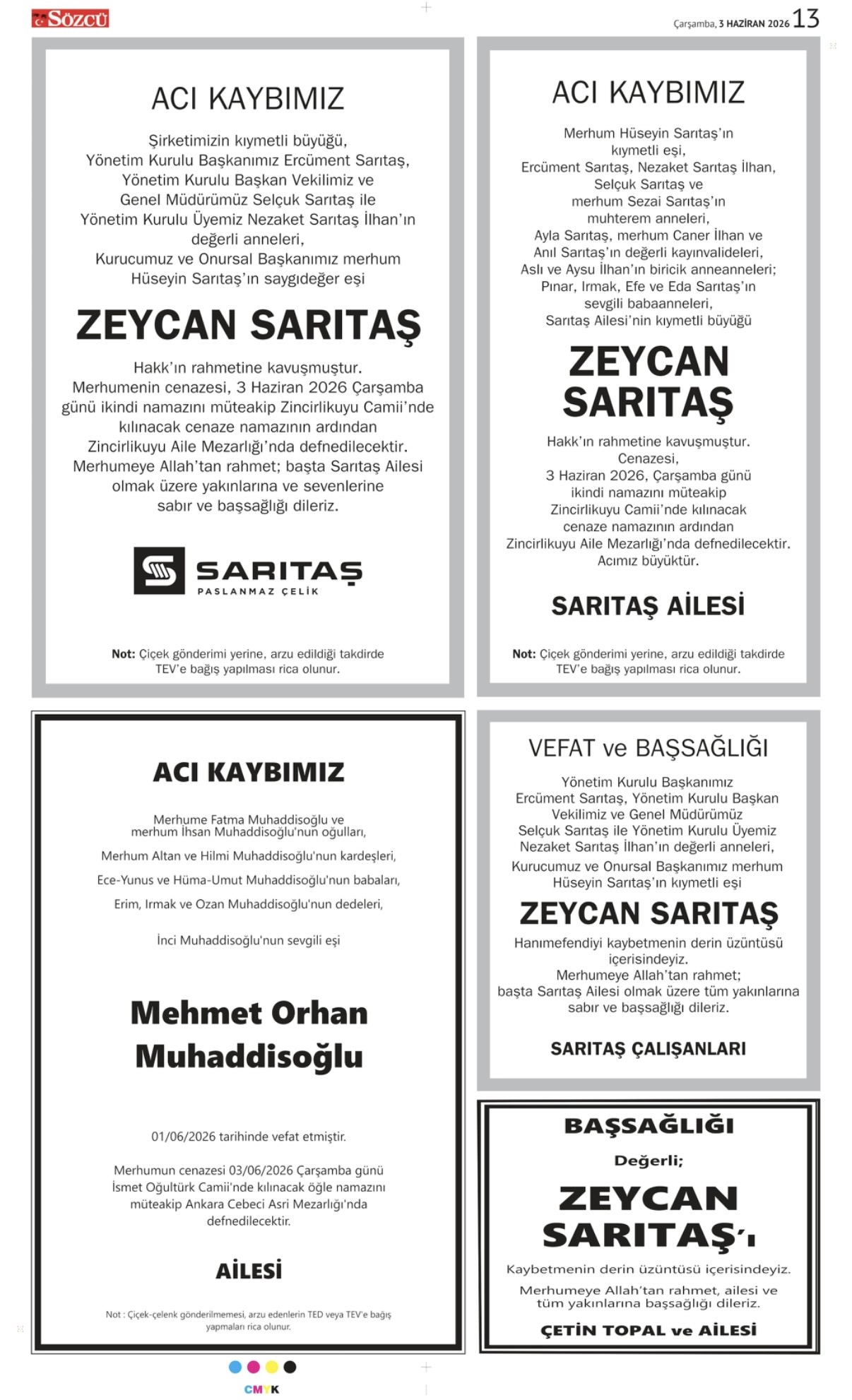 03 Haziran 2026 Vefat İlanları
